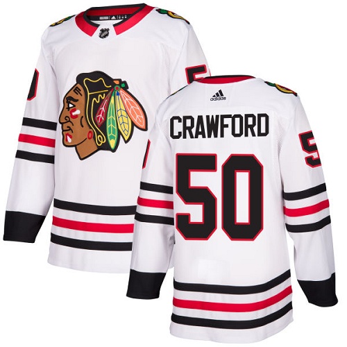 Adidas Blackhawks #50 Corey Crawford White Road Authentic Stitched NHL Jersey - Click Image to Close